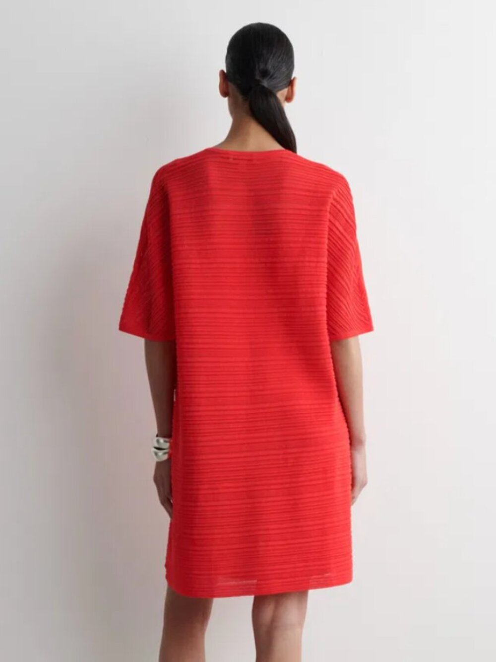COS Boxy Crew Neck Pleated Cotton Blend Pullover Short Sleeve Mini Dress Red, S - Picture 3 of 12
